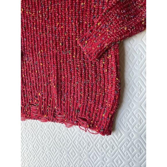 Main Strip Distressed Mini Pom Pom Confetti Sweater Red Multi Size LARGE Womens - Picture 3 of 9